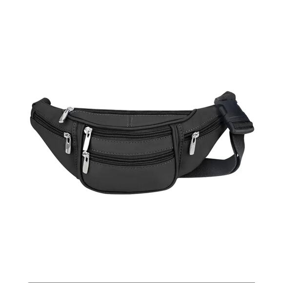 Roma Leathers  Mini Black Leather Fanny Pack 6 Zipper Pockets Plastic Clasp - Picture 1 of 3
